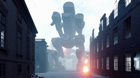 Huge military robots in the middle of the street in a destroyed post-apocalyptic city. View of the Apocalypse.
