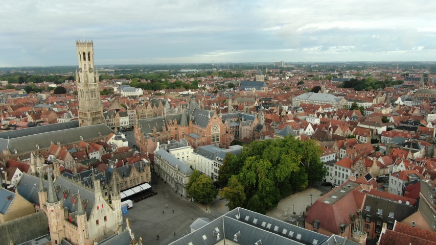 Brugge Central Markt Square and Belfry tower aerial