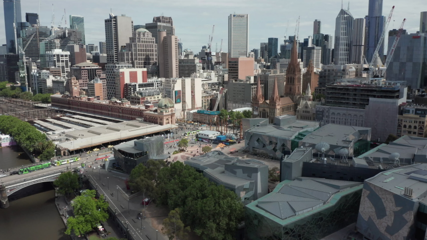 Aerial shot of melbourne city, Australia, with hi-rise port melbourne buildings on blue sky day