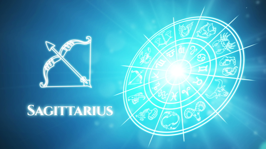 Sagittarius zodiac constellation icons signs with zodiac wheel background, Astrology symbol Royalty-Free Stock Footage #1041075770