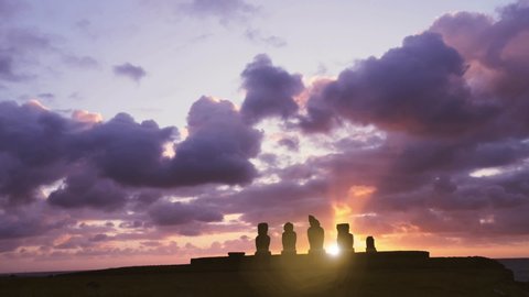 Ahu Tahai at Sunset. Ancient Moai statues on the coast of Rapa Nui (Easter Island). Zoom In.