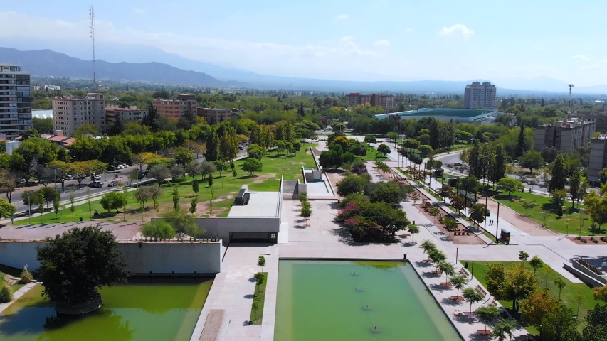 Central park Lagoon (Mendoza, Argentina) aerial view, drone footage