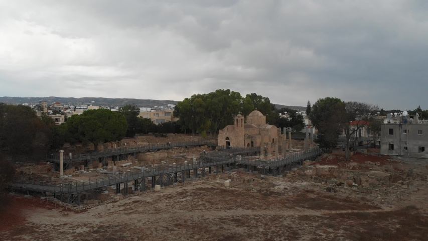Archaeological site. The Church of Our Lady of Chrysopolis (Panagia) and Basilica Chrysopolitissa - one of the oldest Christian churches in the world. Shooting from the drone.