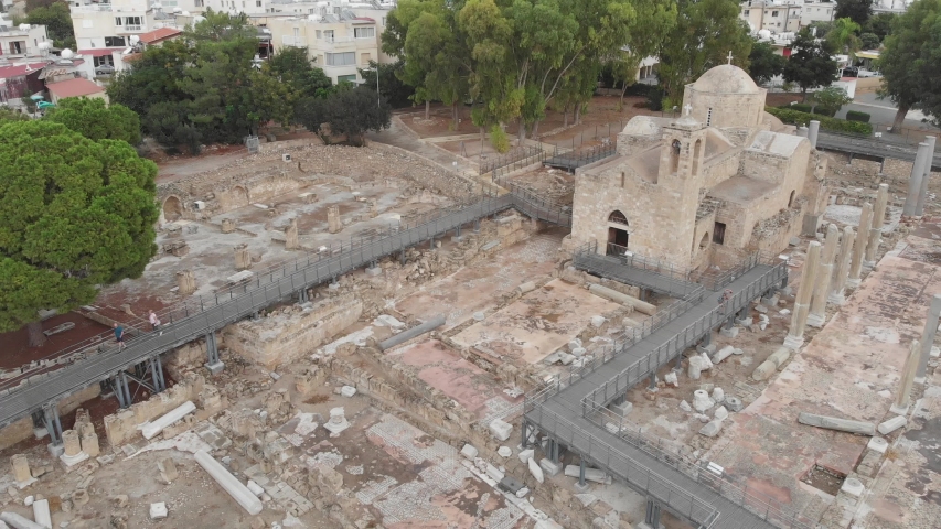 Archaeological site. The Church of Our Lady of Chrysopolis (Panagia) and Basilica Chrysopolitissa - one of the oldest Christian churches in the world. Shooting from the drone.