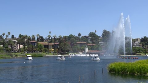 LOS ANGELES, CALIFORNIA, USA - August 28, 2019: Echo Park Lake. The jets of the fountain hit high. People go boating. Warm sunny day