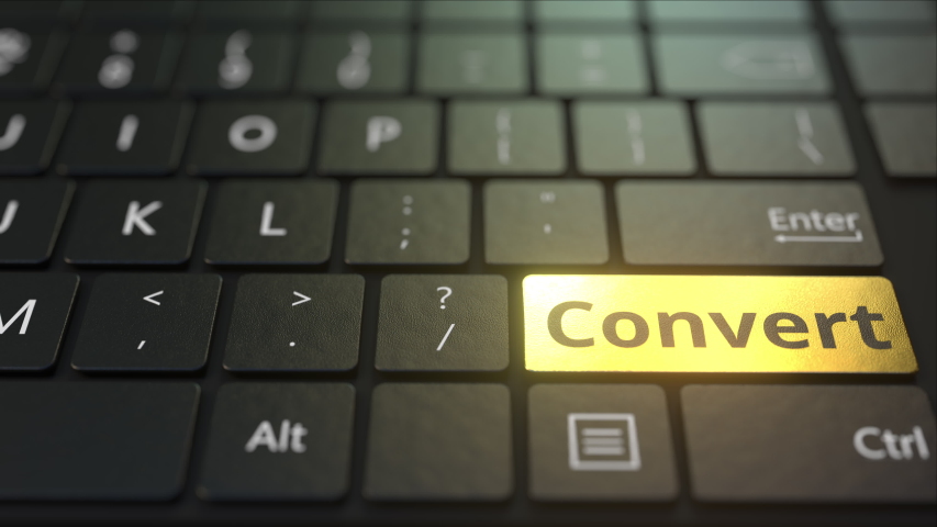 Black computer keyboard and gold convert key. Conceptual 3D animation