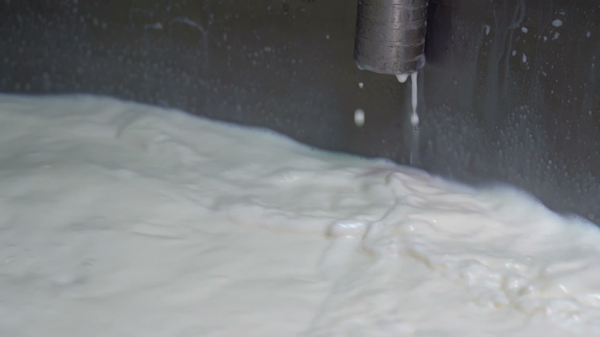 Raw Milk Pouring into Pasteurization Tank in Slow Motion. Milk Pasteurization in Dairy Processing Plant. Milk inside the Pasteurization Tank at the Dairy Factory. Dairy Plant Food Safety. Royalty-Free Stock Footage #1041086683