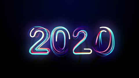 Conception 2020 Bright Multicolored Animation Numerals of the New Year Flicker and Glowing. Colored Neon Light Form Generated Circle and Wave Digits. Isolated Colorful Symbols Shape Date Sign Rays 4K
