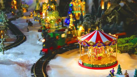 vintage toy store with carousel train and balloon in white snow christmas set .
