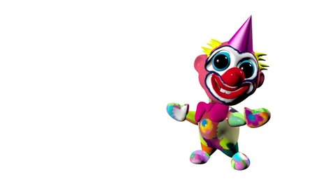 Funny clown dancing and smiling. On white background. Bright clothes. 3D video. 3D rendering.