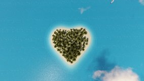 Tropical island heart. Tropical relax. Heart shape. Summer holiday. Clouds float over a beautiful tropical island of palm trees and sand. 4k