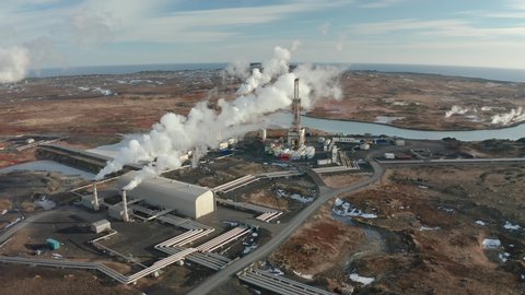 A bird's-eye view of a plant producing clean energy using geothermal sources. Iceland. Winter 2019