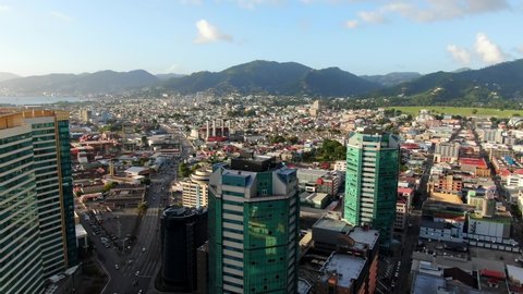 Port of Spain/ Trinidad and Tobago. December 16, 2018 Aerial view of the skyscrapers. Business and government buildings in the center of the capital.coast line of the seafront and port.