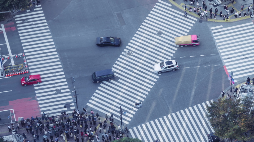 Time lapse of Shibuya Crossing. Diagonal crosswalk. Shibuya, Tokyo, Japan.