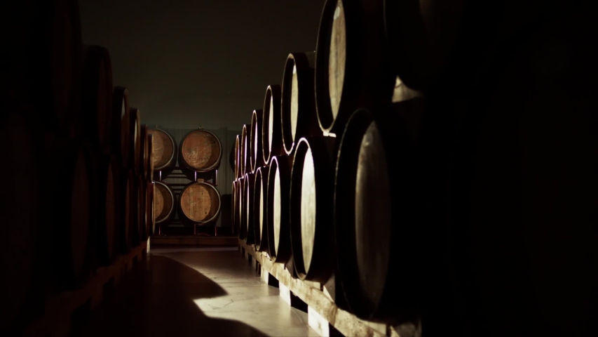 Worker in wine , whiskey or brandy warehouse sorting and rotating barrel . Two winemakers in vintage , traditional wine factory rolls barrel . Shot on ARRI ALEXA Cinema Camera in Slow Motion . Royalty-Free Stock Footage #1041125158
