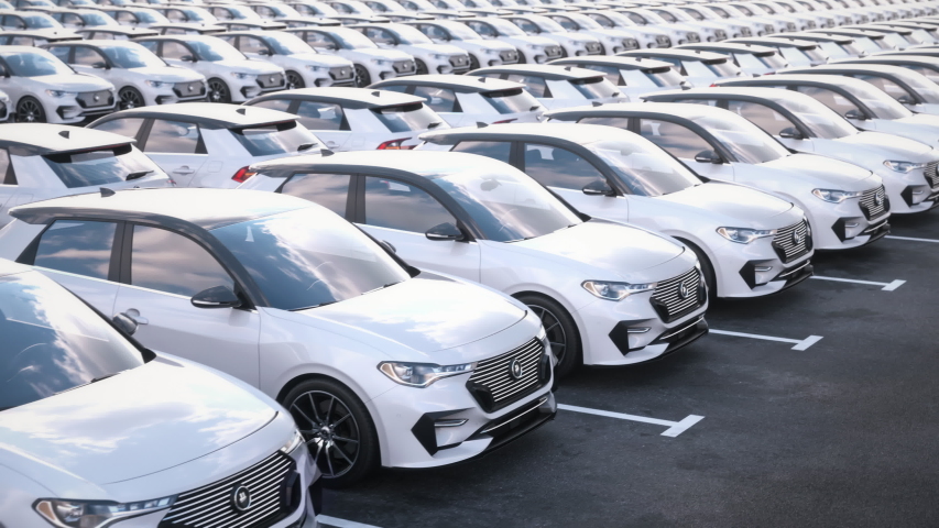 Generic electric self driving cars on car on big parking lot. Seamless loop. Realistic high quality 3d animation. Generic car design with generic logo, no trademark infringement.