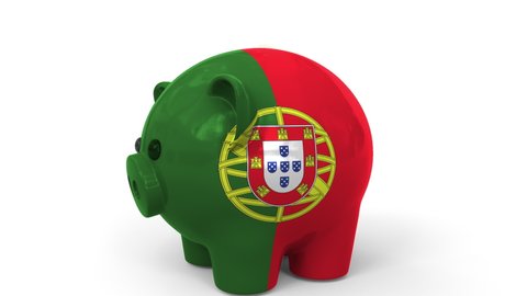 Coins fall into piggy bank painted with flag of Portugal. National banking system or savings related conceptual 3D animation