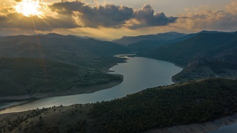 Aerial view of a sunset over a big river