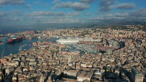 Cityscape of Genoa Genova, famous port and capital city of Liguria at sunrise.
