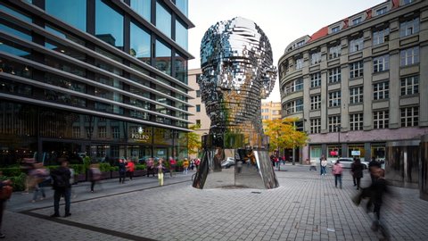 Prague, Czech Republic - October 15, 2019: Time lapse view of the Head of Franz Kafka kinetic moving sculpture in Prague, Czech Republic. 