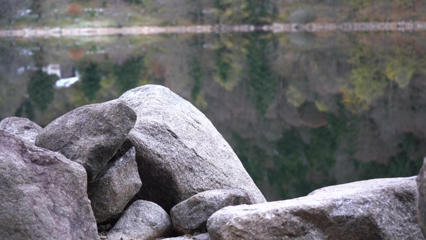 mountain lake in winter rock
