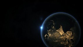 World and sun realistic 3D video. Shiny sunlight over Planet Earth, cosmos, atmosphere. Shot from Space satellite - 4K
