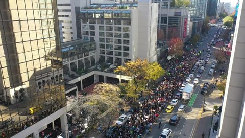 Climate Strike Protest Parade and March Streets of Vancouver Aerial Video Close