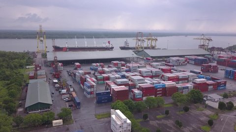 Kuching, Sarawak / Malaysia - November 18 2019: The Senari Port of Sejingkat area where all the cargo ships and containers unload in the Kuching city.