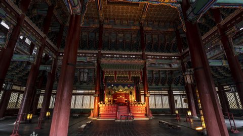 Seoul, South Korea - AUG 2019: The interior view of the Geunjeongjeon Hall in Gyeongbokgung Palace