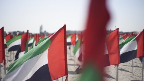 Waving United Arab Emirates flag on the dubai beach, Front point view of UAE flag moving right and left with blurred uae flag in front