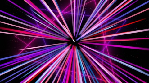 Flying through glowing neon lines Retro-futuristic 80s spinning triangle tunnel, blue red pink violet spectrum, fluorescent ultraviolet light, colorful lighting, cg animation. Colorful explosion.