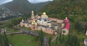 New Athos Monastery. Akhali Atoni, Abkhazia. The main monastery complex of Abkhazia. Aerial drone flight
