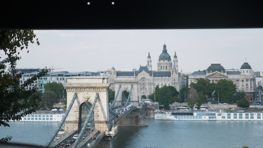 4K VIDEO. View of Budapest from Funicular in Buda Castle. Chain Bridge.