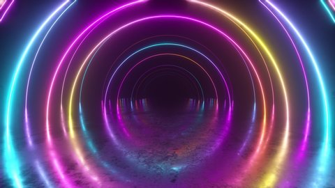 Infinity flight inside tunnel, neon light abstract background, round arcade, portal, rings, circles, virtual reality, ultraviolet spectrum, laser show, metal floor reflection. Seamless loop 3d render