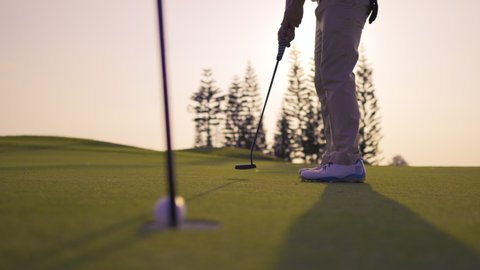 Professional Golfing Putting on green with putter hitting the golf ball to hole for birdie score, sports relax in holidays summer vacation at sunset golden time, cinematic UHD 4k footage