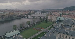 Fly Over Shot at Vitava River - Manes Bridge - Prague - Czech Republic - 4K Video