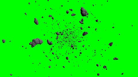 asteroid field fly through, science fiction space scene, isolated on green screen background, 4k loop