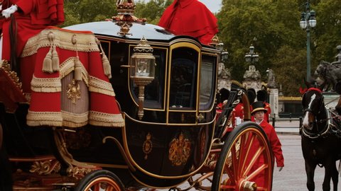 LONDON, circa 2019 - Close-up of royal state coaches approaching Buckingham Palace in London, England UK after the State Opening of the Parliament