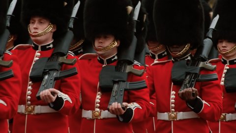 LONDON, circa 2019 - Close-up shot of the Welsh guards marching close to Buckingham Palace in London, England, UK