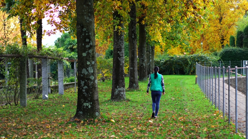 Young woman walking in autumn park of Ascona, south of Switzerland. Shooting in 4K 3840 × 2160 video.