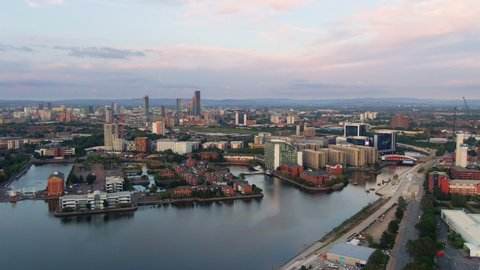 Drone aerial view of salford quays central bay manchester uk england