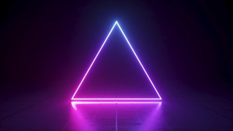 abstract neon background. Glowing triangle, triangular geometrical shape. Loop animation. Ultraviolet light pyramid, pink violet lines, virtual reality interface.