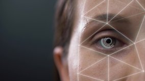 Animation 3d recognition scanning of the face eye of man or woman. facial recognition protection and scan safety. future sci-fi animation , security, scanning and password banking access. - Powered by Shutterstock - Get 15% off with code: PIKWIZARD15