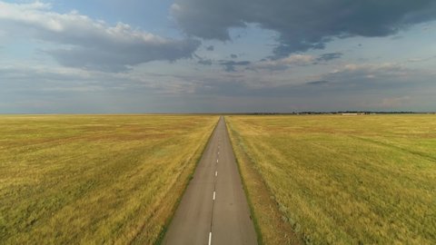 Flight forward lonely asphalt road central Russia rural track way route through natural cinematic boundless steppe yellow grass horizon. Freedom open space nobody. Dramatic sky clouds sunset light