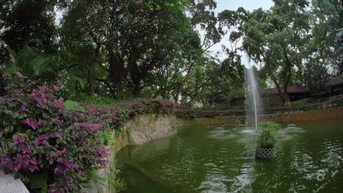 Nice Pond and Fountain in Hong Kong City Park, Asian Nature, Panoramic, Wide Angle
