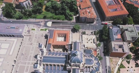 Madrid / Spain - 08 23 2018: Madrid, Spain, 23 August 2018 – Beautiful aerial view over cathedral of the Royal Palace and Plaza of Madrid.