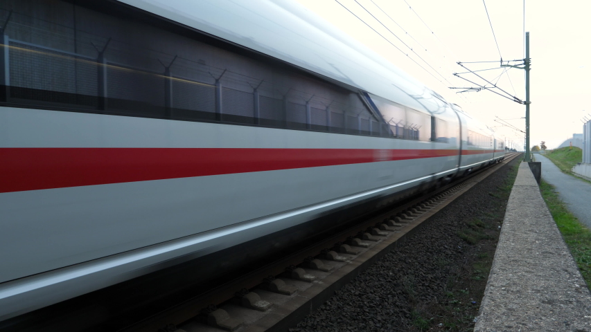 Kelsterbach, Germany - November 15, 2019: German highspeed train (ICE) on the Frankfurt–Cologne high-speed rail line. ICE, formerly known as InterCityExpress is a highspeed train system in Germany.