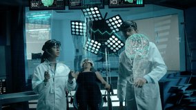 Scientists wearing AR Hololens Access Brain Information and Upload it to the Cloud. Neuronal Data shows on Hologram. Concept of: Brain Hacking, Brain digitalization, Brain Upload, Mind Upload. - Powered by Shutterstock - Get 15% off with code: PIKWIZARD15