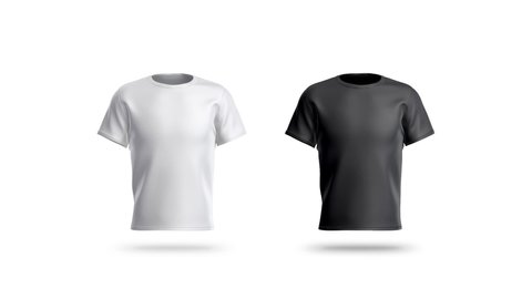 Blank black and white clean t-shirt mockup, isolated, looped rotation, 3d rendering. Empty sport tee-shirt mock up set rotate. Clear unisex casual outfit for football uniform template.