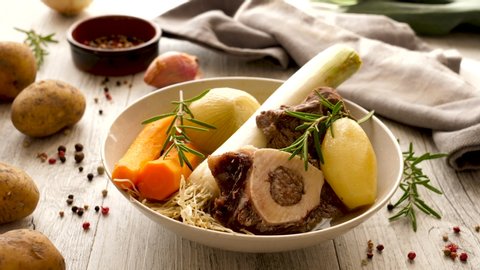 pot au feu, beef stew with broth and vegetable- french food